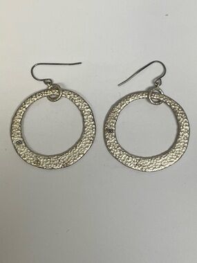 Hammered Silver Tone Hoop Earrings BB Stamp Boho Dangle Textured